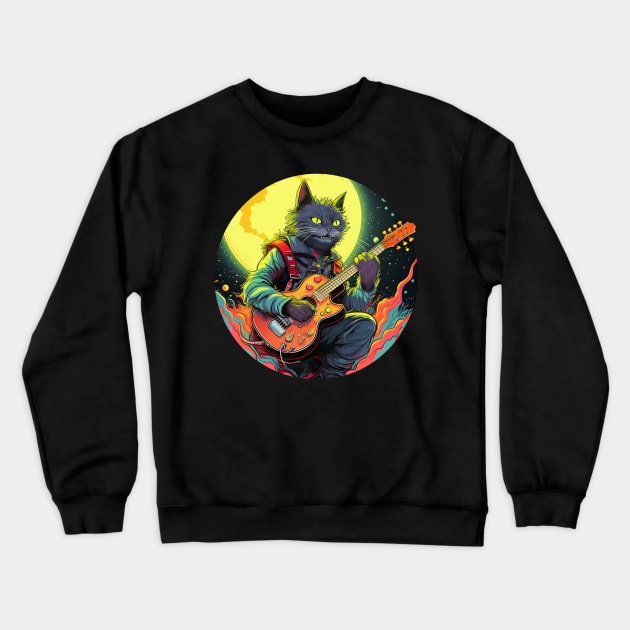 Cat Playing Guitar Funny Cat With Guitar Cute Cat Guitar Crewneck Sweatshirt by OscarVanHendrix